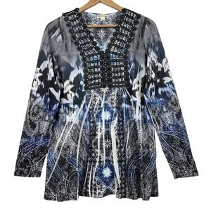 World Unity Tunic Womens L Blue Black Paisley Crochet Embellished Long Sleeve